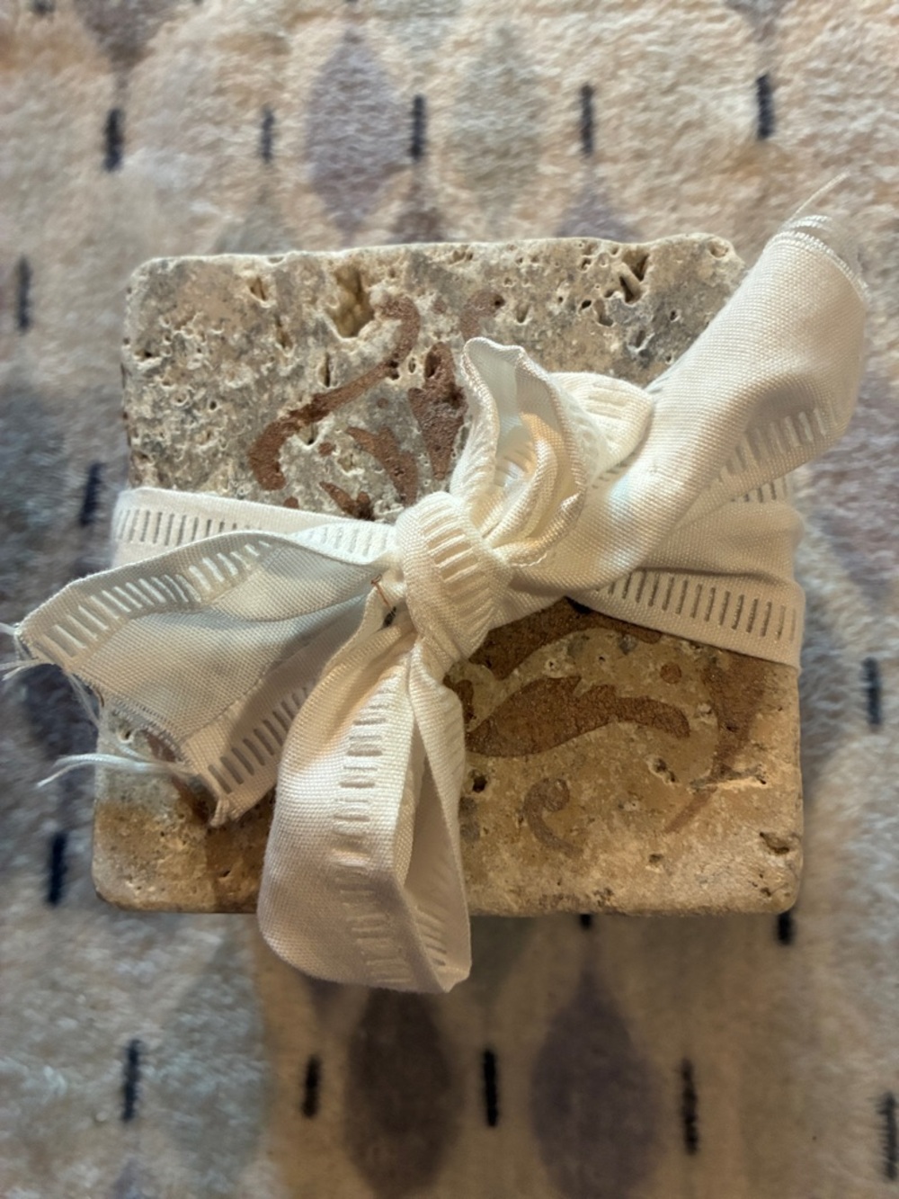 Cream Decorative Stone Coasters -Set of 6 Wrapped with White Ribbon